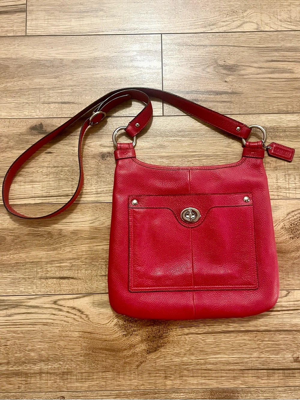 COACH Penelope Red Pebbled Leather Slim Crossbody Bag Turnlock